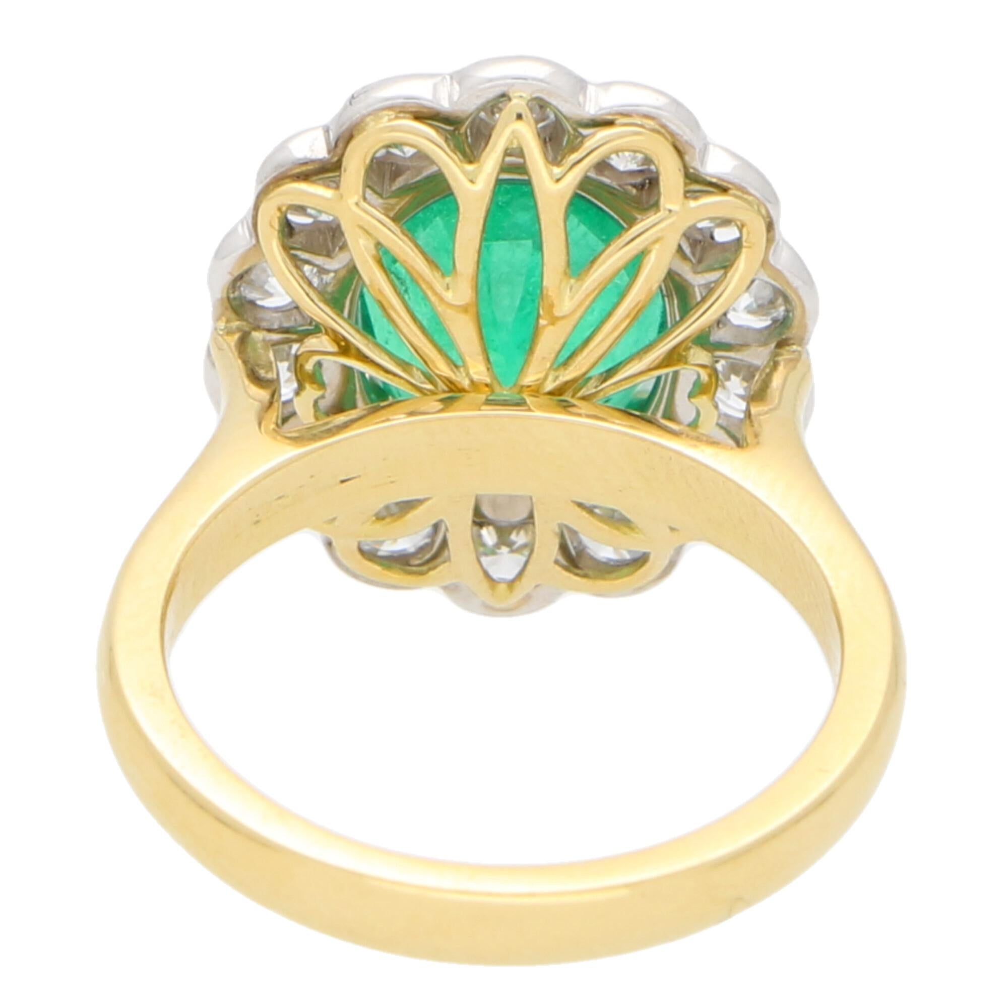 Oval Cut Emerald and Diamond Cluster Ring Set in 18 Karat Yellow and White Gold
