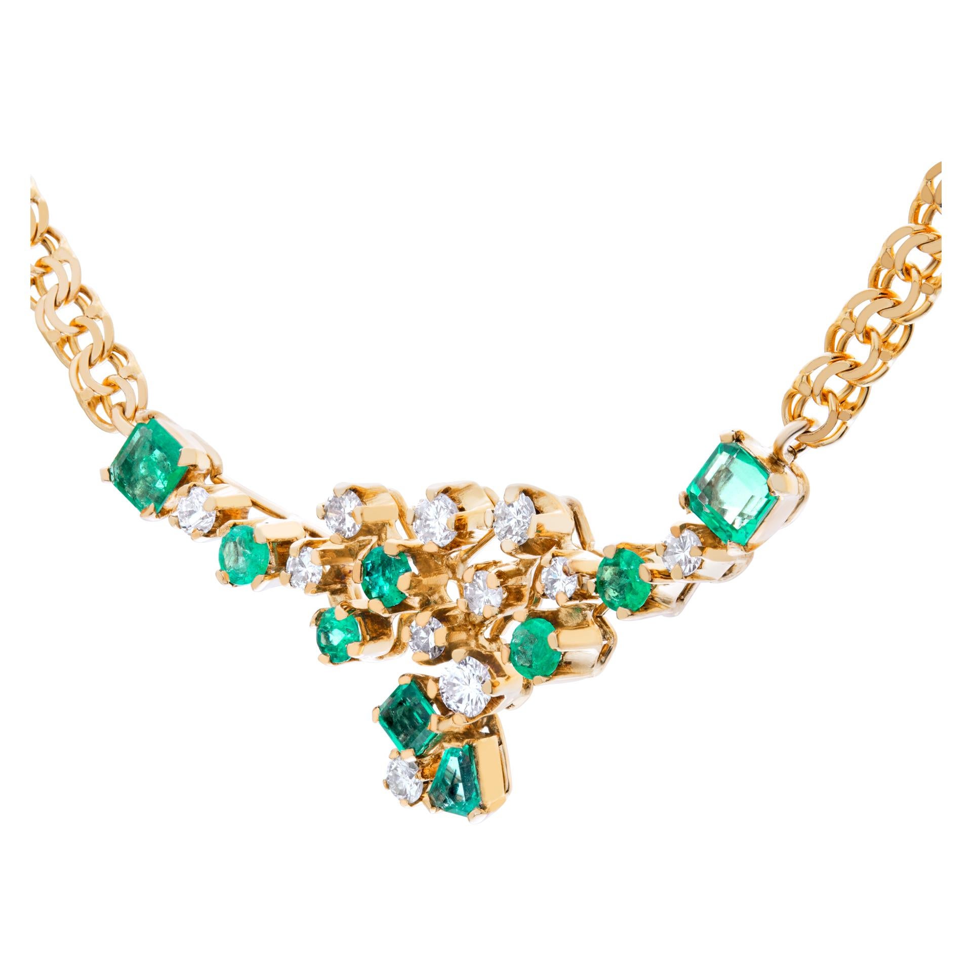 Emerald And Diamond Cluster Necklace Set In 18k Yellow Gold In Excellent Condition In Surfside, FL