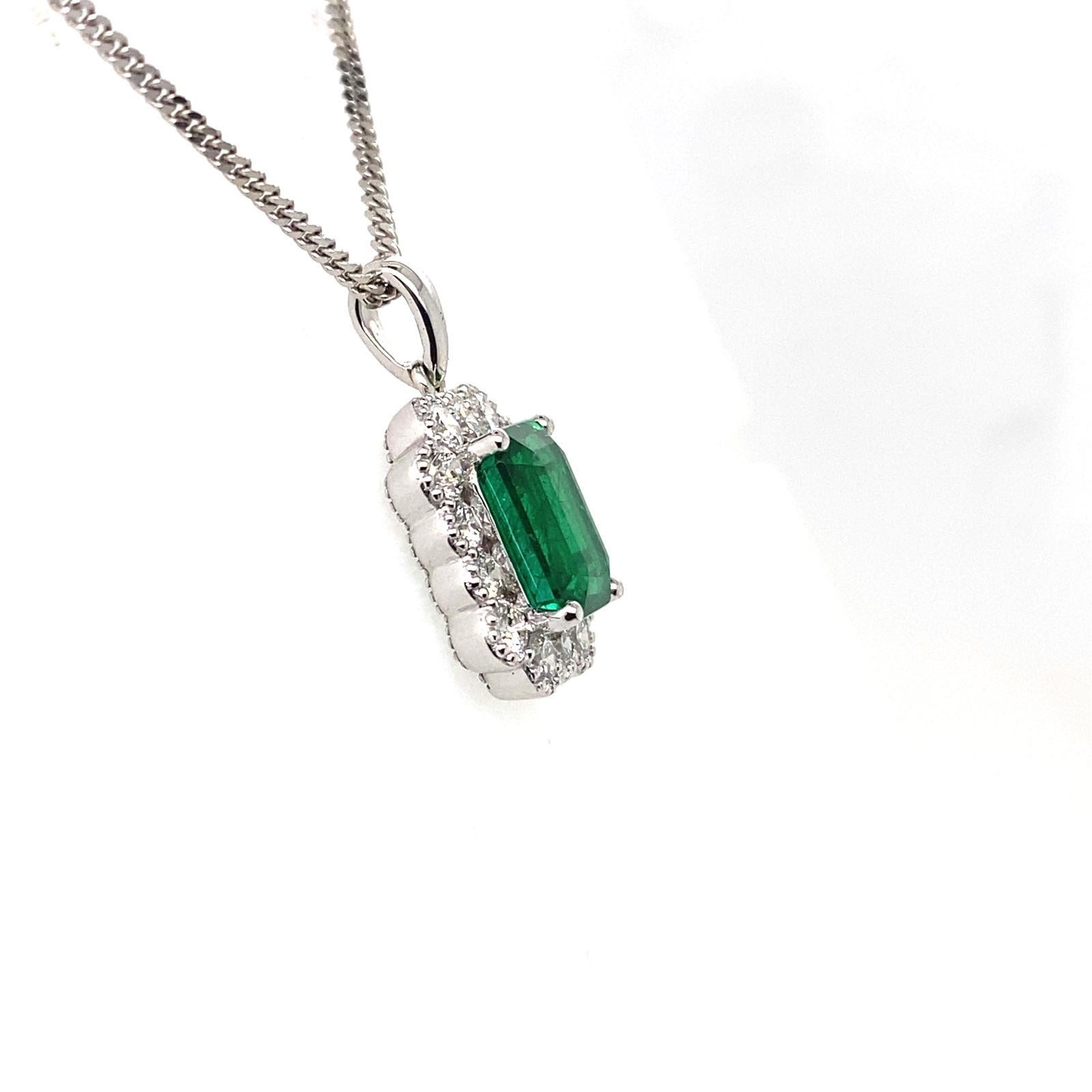 Emerald Cut Emerald and Diamond Cluster Pendant 18 Karat White Gold For Sale