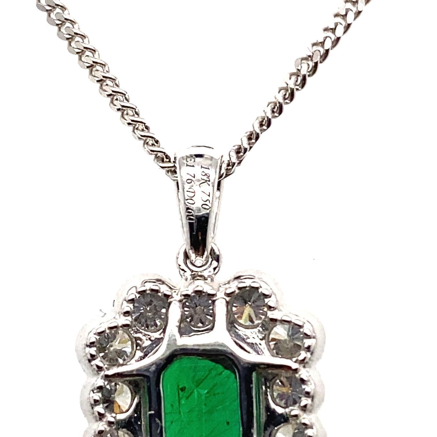 Women's Emerald and Diamond Cluster Pendant 18 Karat White Gold For Sale
