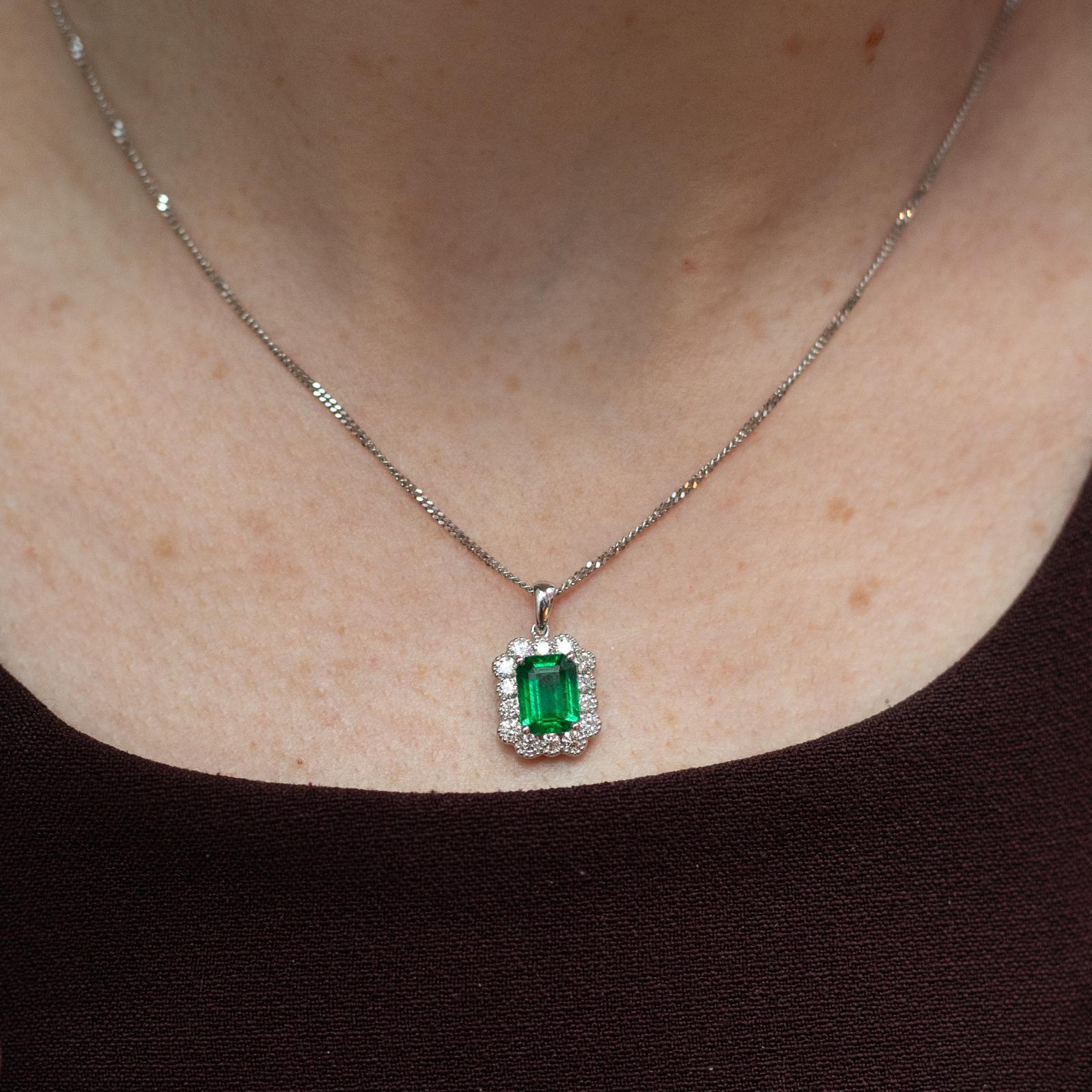 Emerald and Diamond Cluster Pendant 18 Karat White Gold For Sale 1
