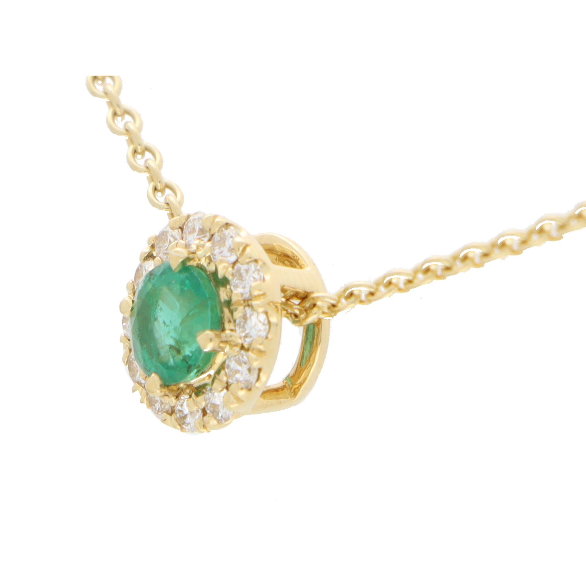 Round Cut Emerald and Diamond Cluster Pendant Necklace Set in 18k Yellow Gold