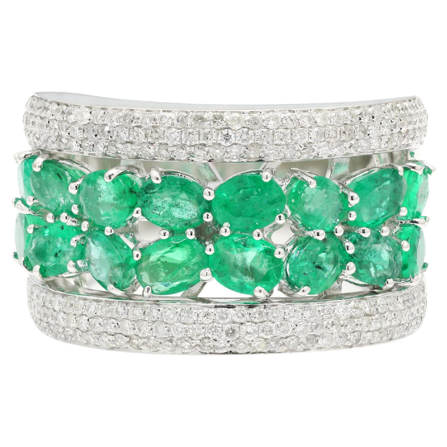 Stylish Emerald Wedding Band Ring with Diamond Solid 18k White Gold Ring 