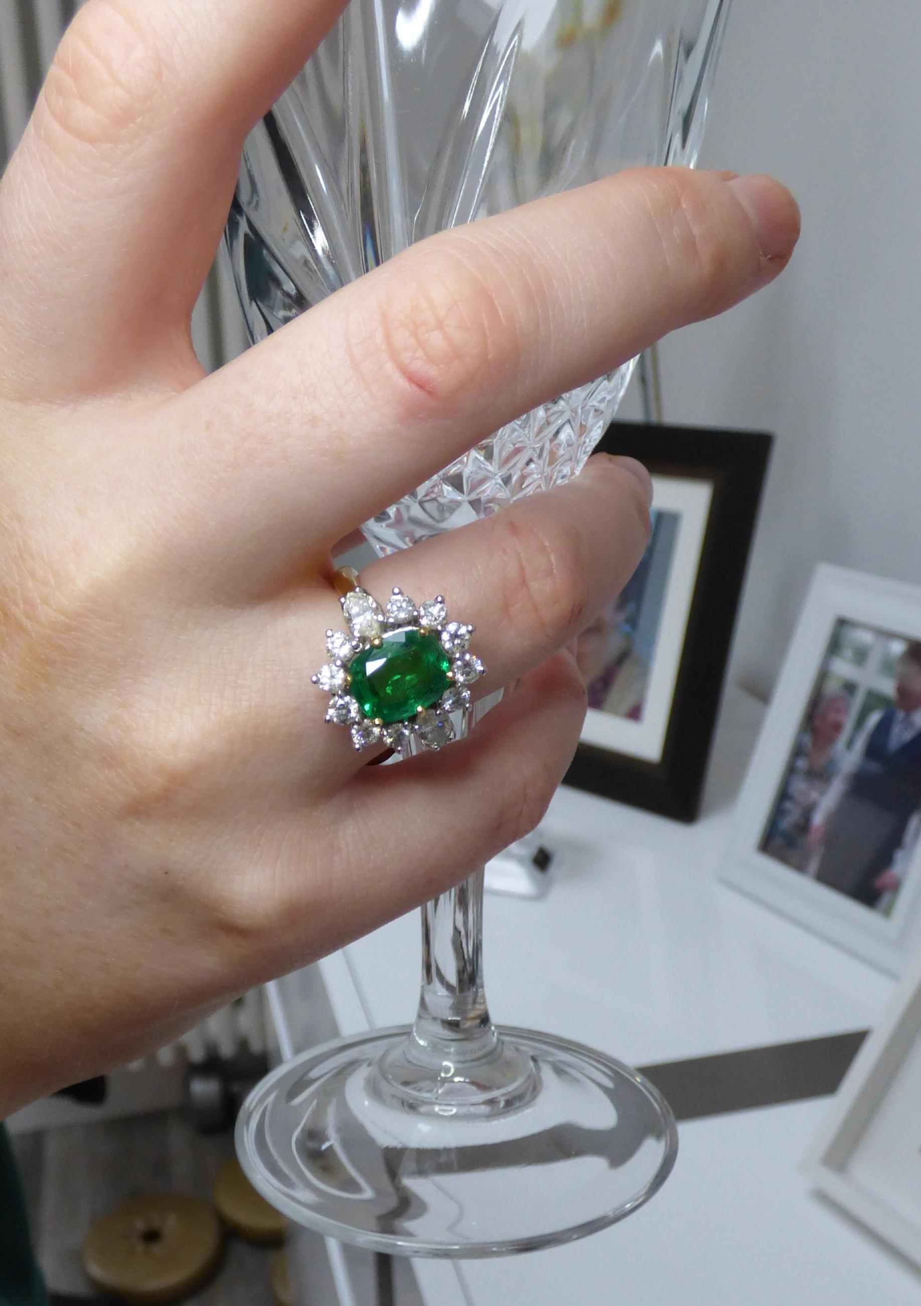 Women's Emerald 2.58ct. and Diamond Cluster Ring in 18K Yellow and White Gold For Sale
