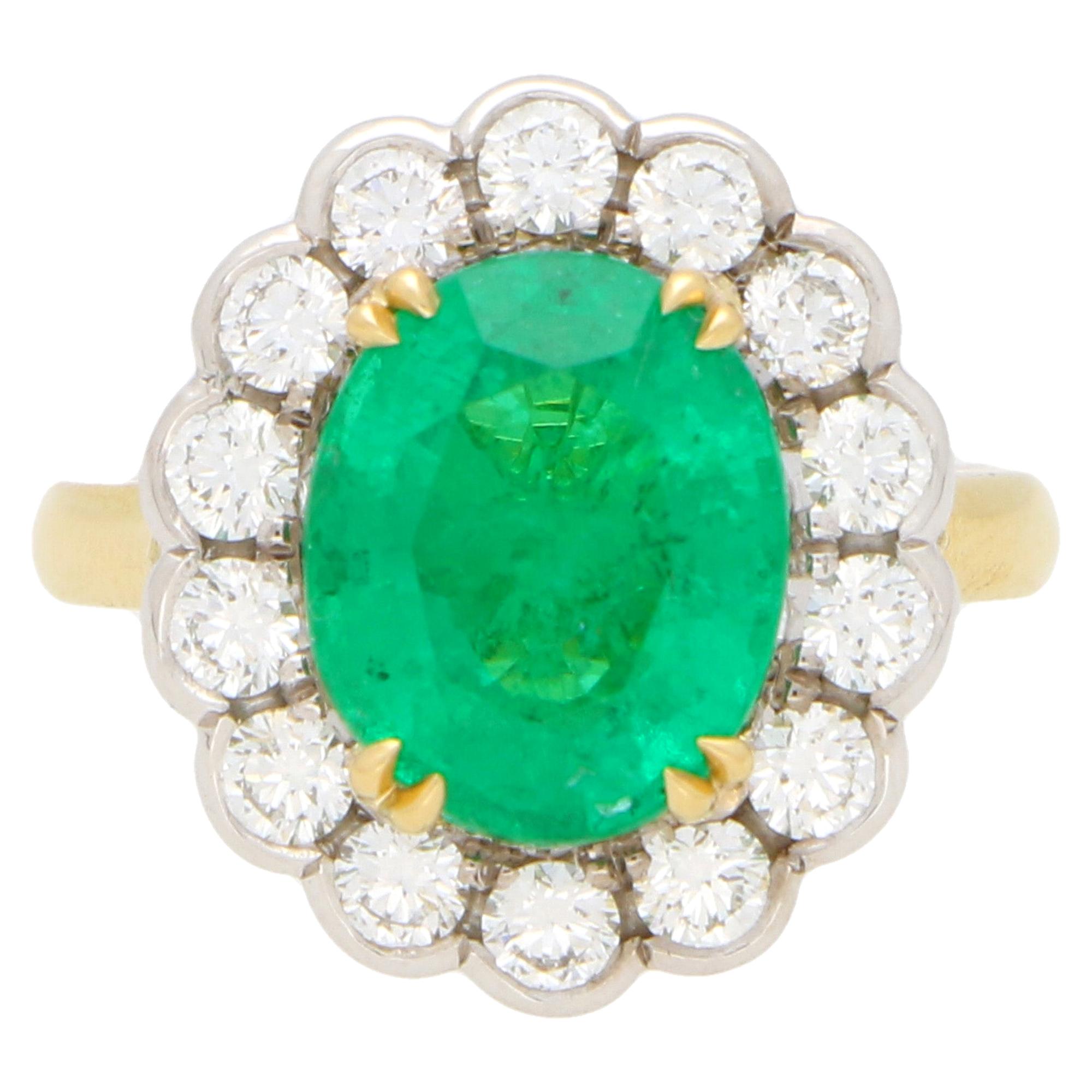 Emerald and Diamond Cluster Ring Set in 18 Karat Yellow and White Gold