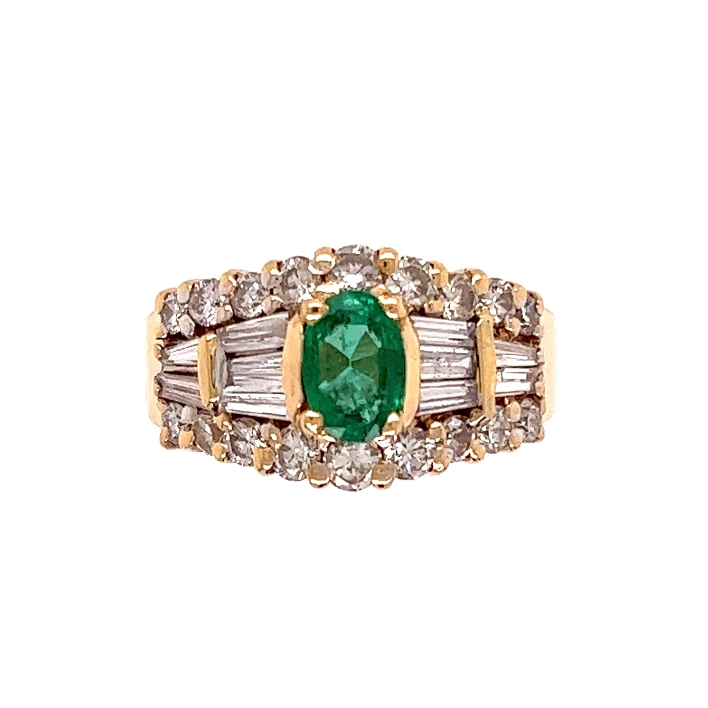 Mixed Cut Emerald and Diamond Cocktail Gold Band Ring Estate Fine Jewelry