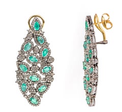 Emerald and Diamond Cocktail Leaf Earrings in Victorian Style