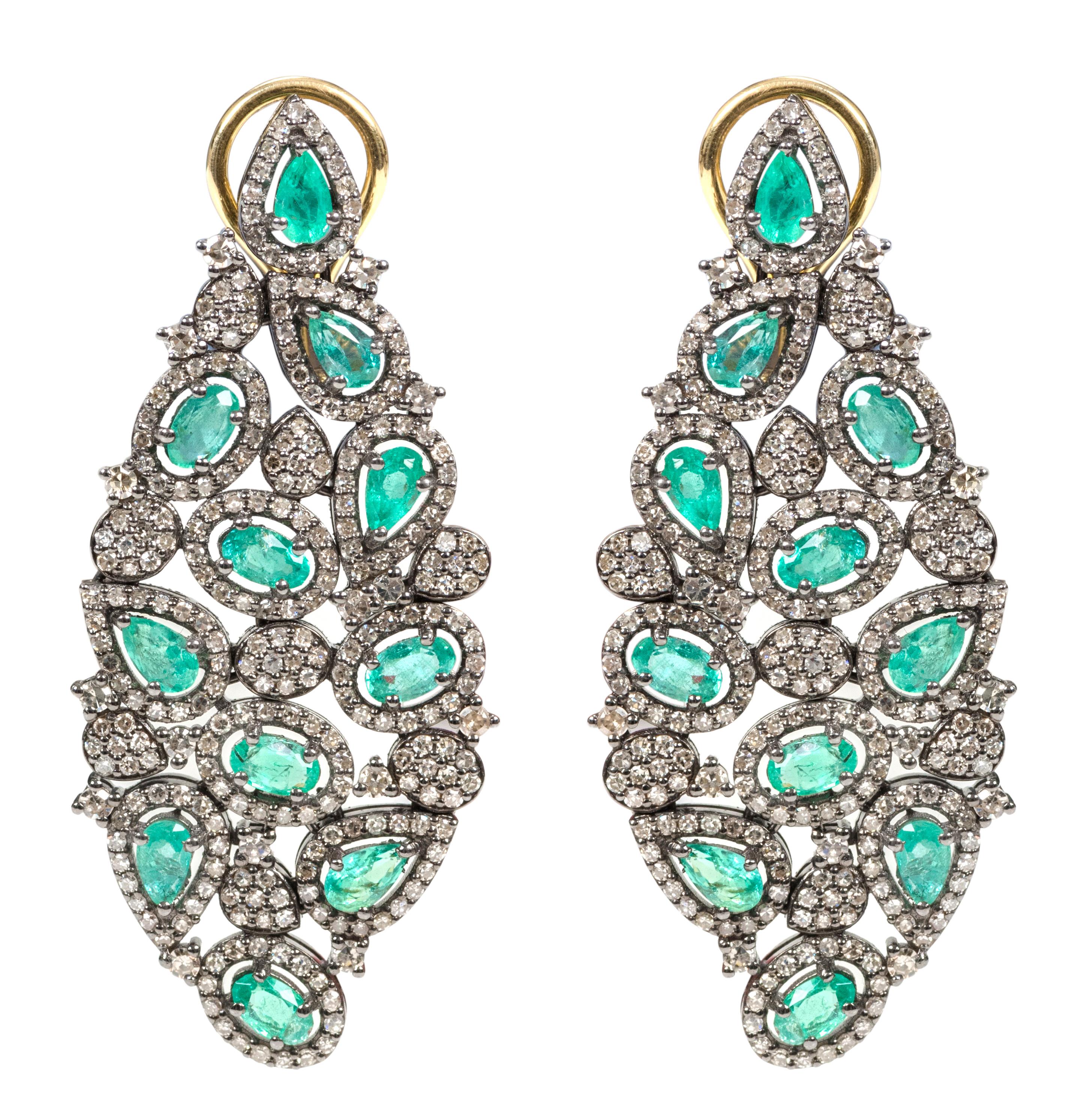 Pear Cut Emerald and Diamond Cocktail Leaf Earrings in Victorian Style For Sale