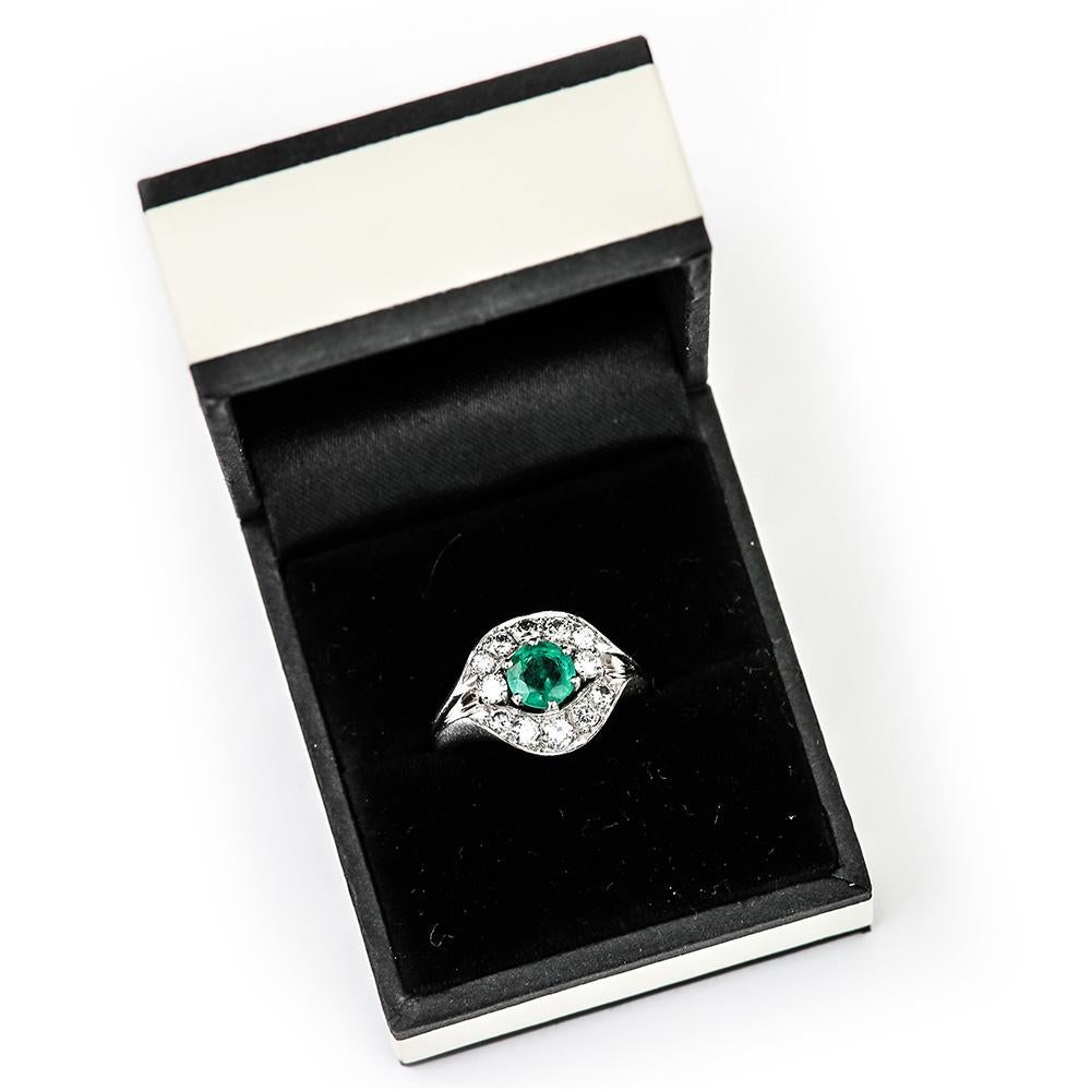 Emerald and Diamond Cluster Ring 18 Karat White Gold 9