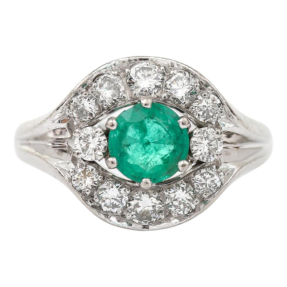 Emerald and Diamond Cluster Ring 18 Karat White Gold