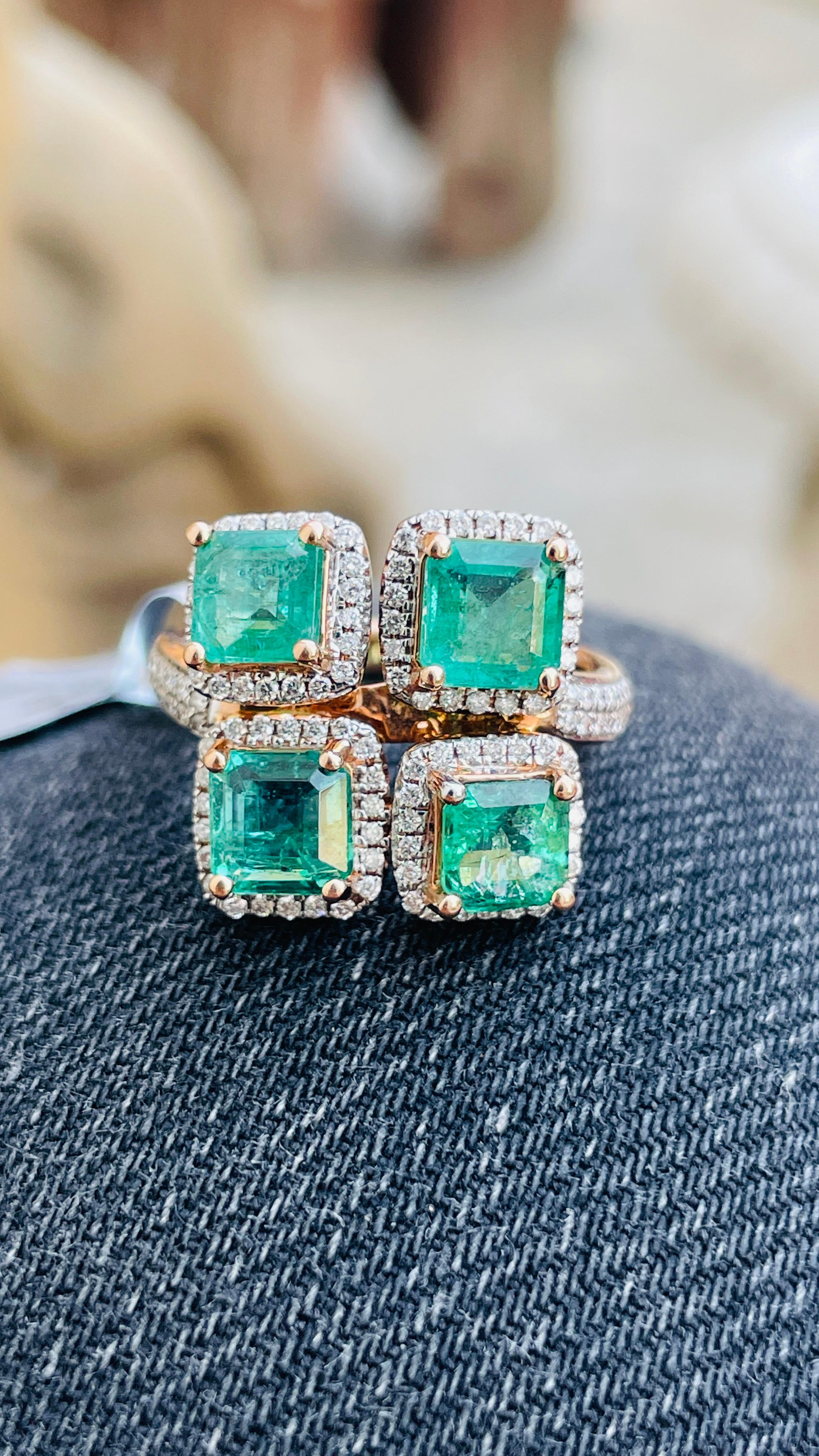 Anillo de cóctel de esmeralda y diamantes en oro rosa de 14 quilates  4