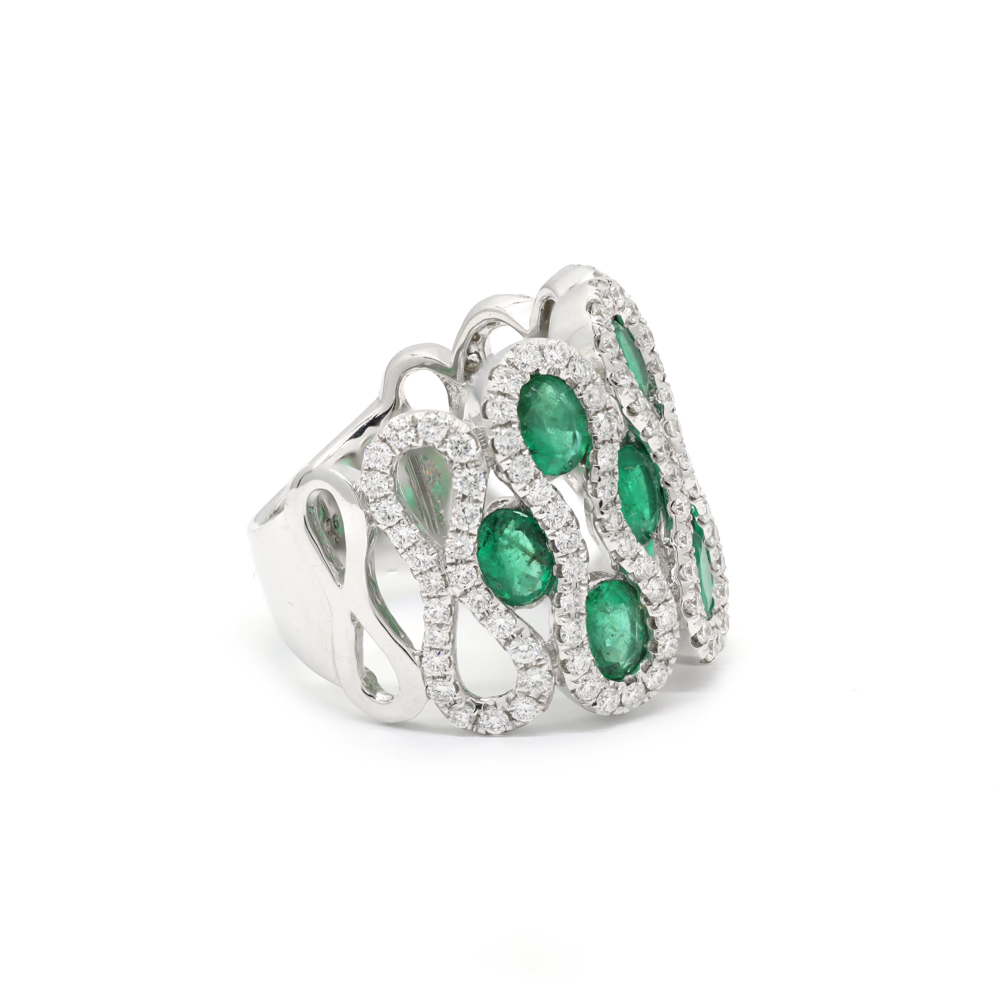 For Sale:  Diamond and Emerald Bold Band Ring in Solid 14k White Gold 2