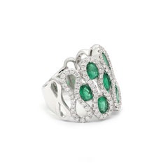 Luxurious Diamond and Emerald Bold Band Ring in Solid 14k White Gold for Women