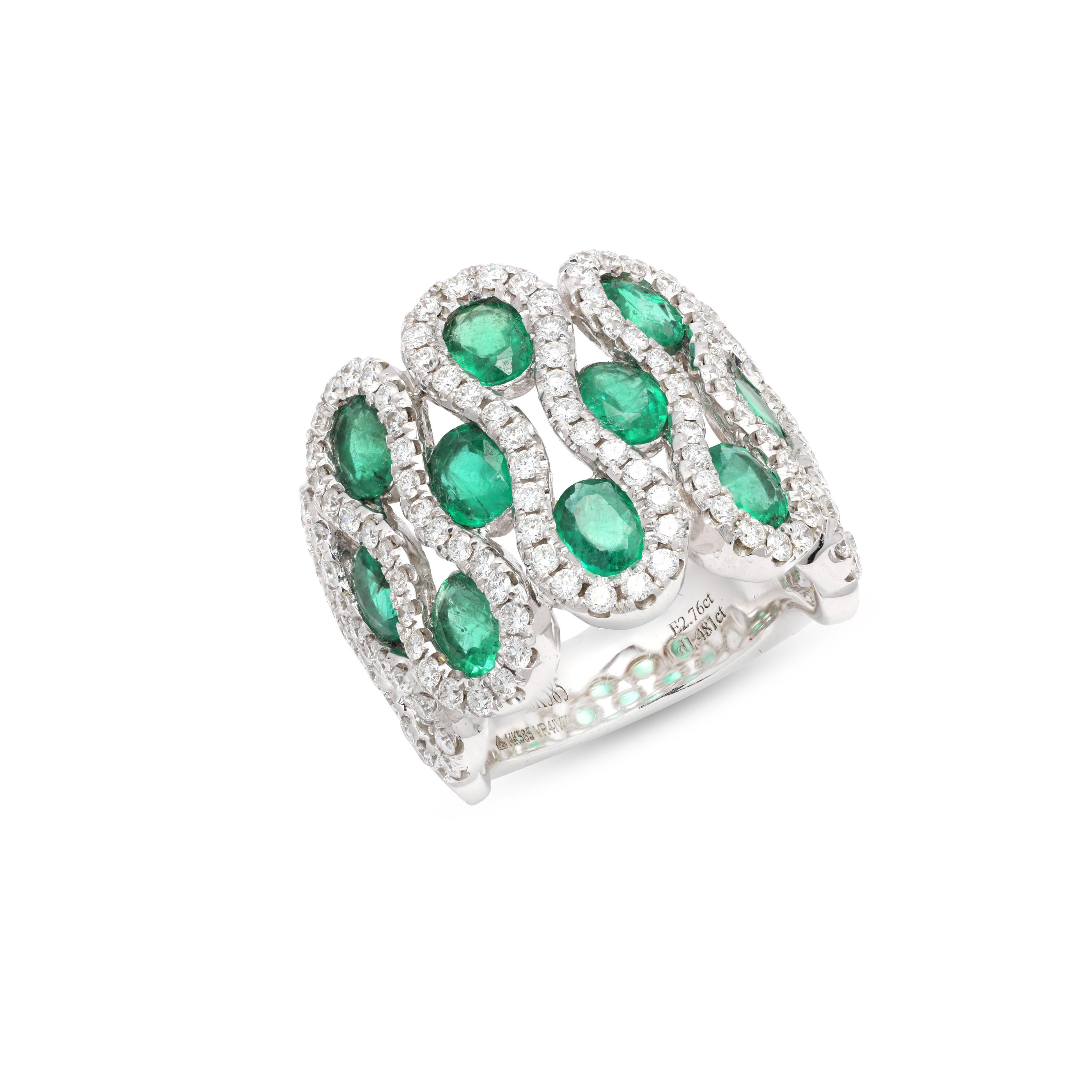 For Sale:  Diamond and Emerald Bold Band Ring in Solid 14k White Gold 4