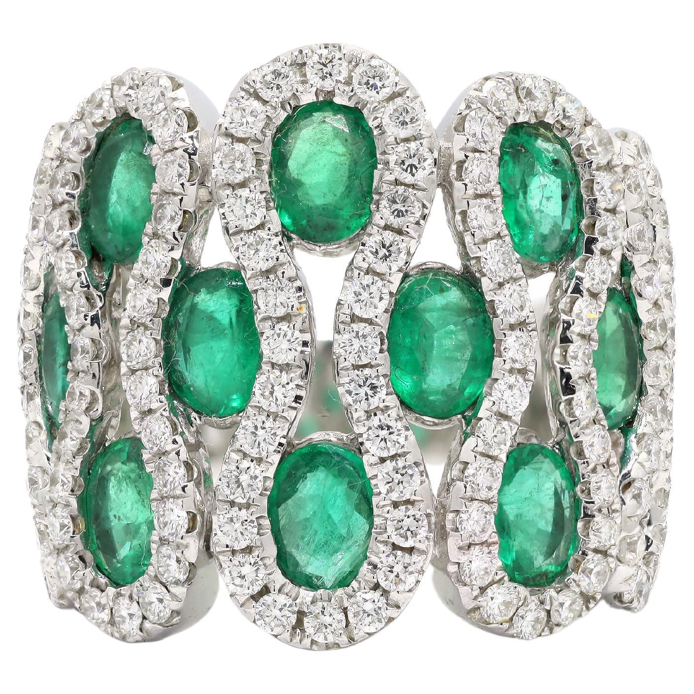 Diamond and Emerald Bold Band Ring in Solid 14k White Gold