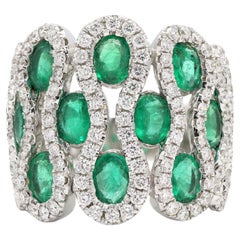 Diamond and Emerald Bold Band Ring in Solid 14k White Gold