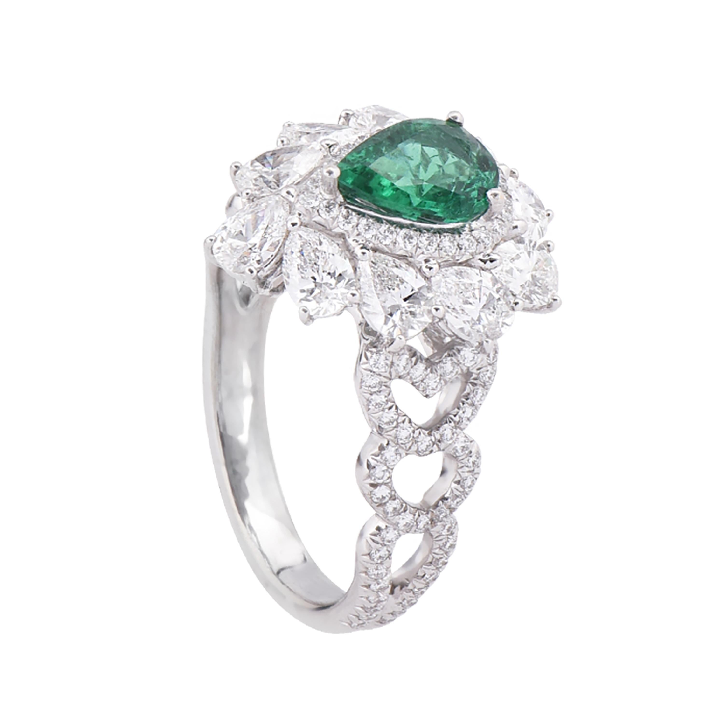 18 karat white gold emerald cocktail ring from the Viridian collection of Laviere. The ring, certified by IGI, is set with a 0.85 carats pear shape emerald, 0.37 carats round brilliant and 1.55 carats pear shape brilliant diamonds. 
Gold Weight 6.68