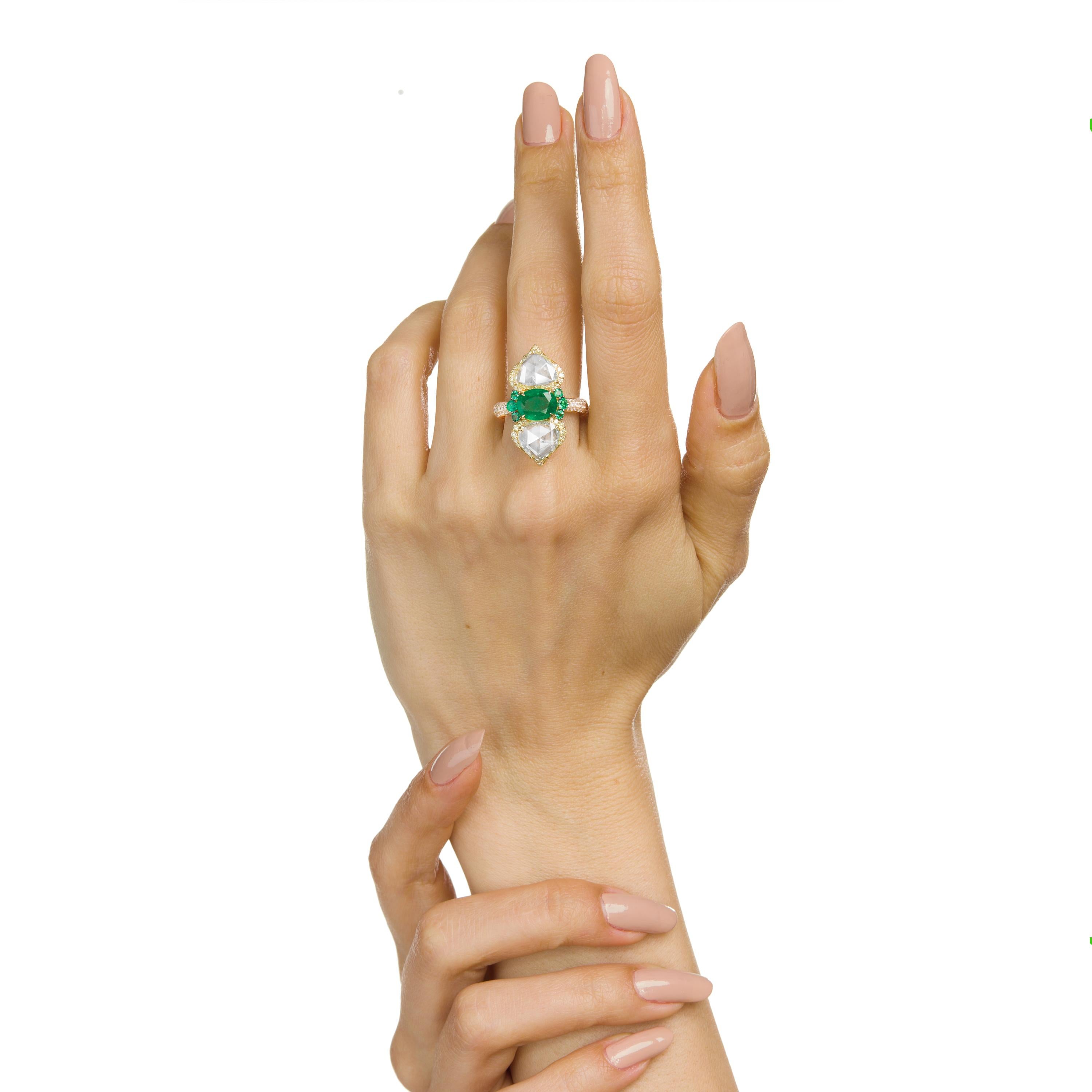 Contemporary Emerald and Diamond Cocktail Ring in 18K Yellow Gold