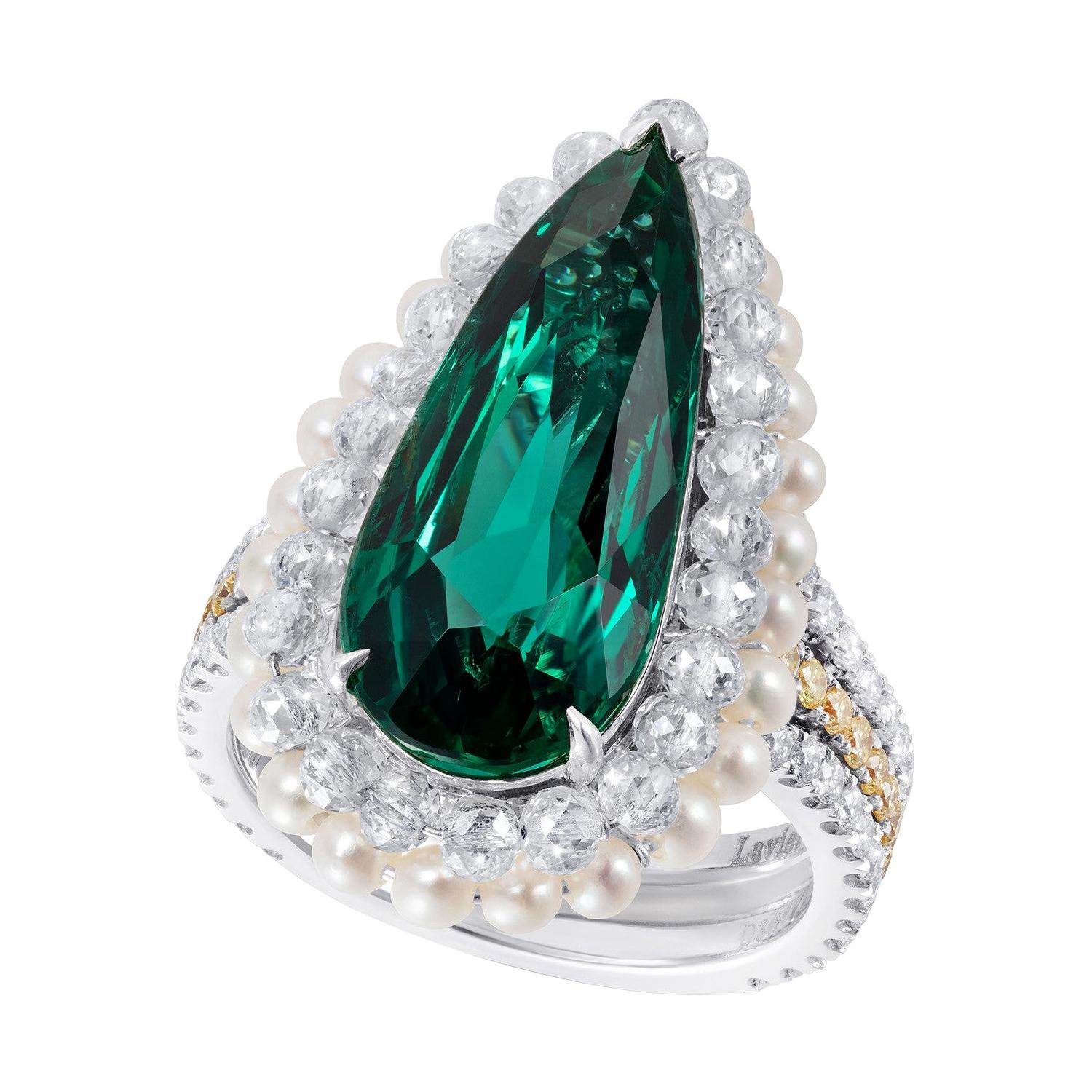 Emerald and Diamond Cocktail Ring with Pearls For Sale