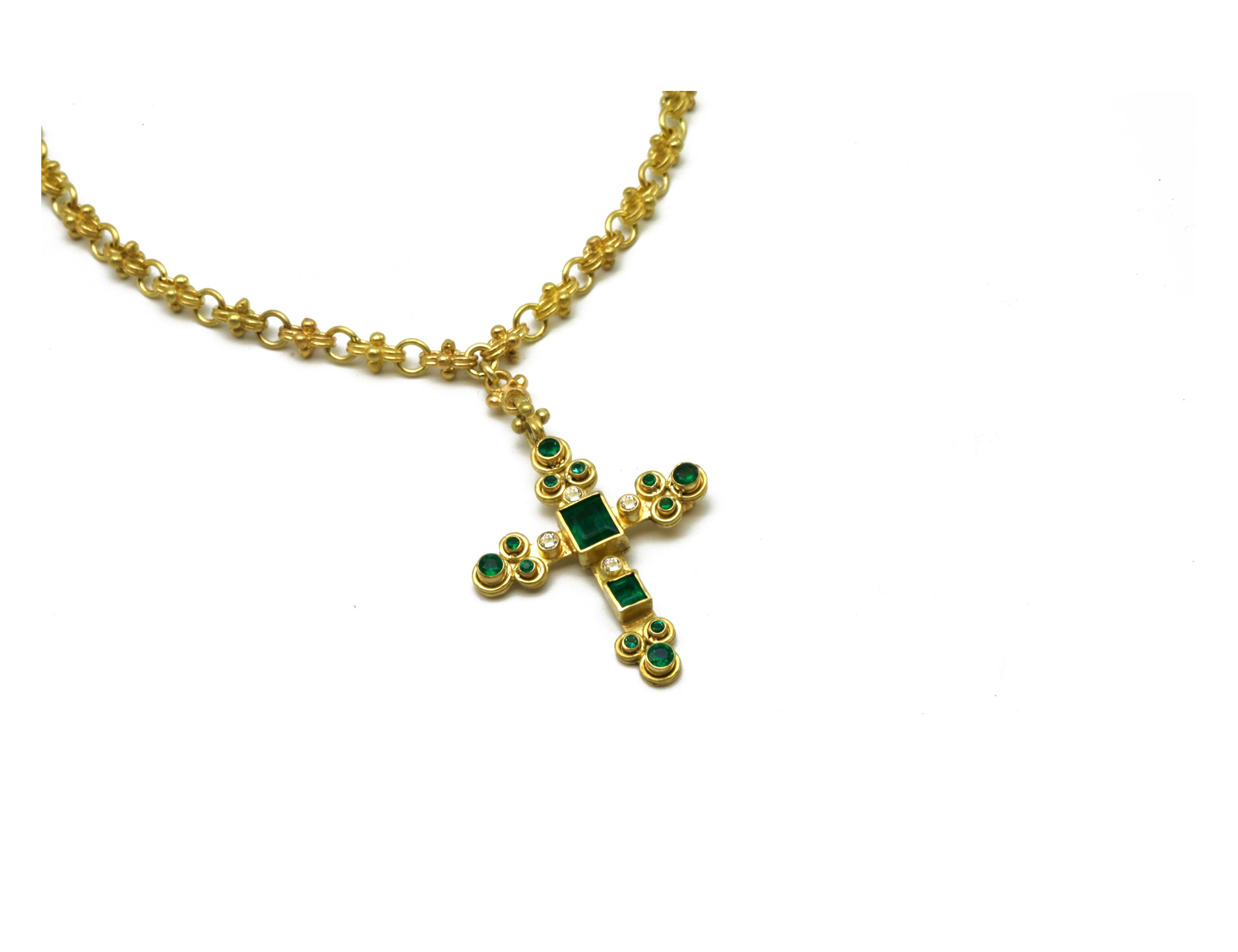 Women's or Men's Emerald and Diamond Cross Pendant in 18k with handmade solid 18k Celtic Chain For Sale