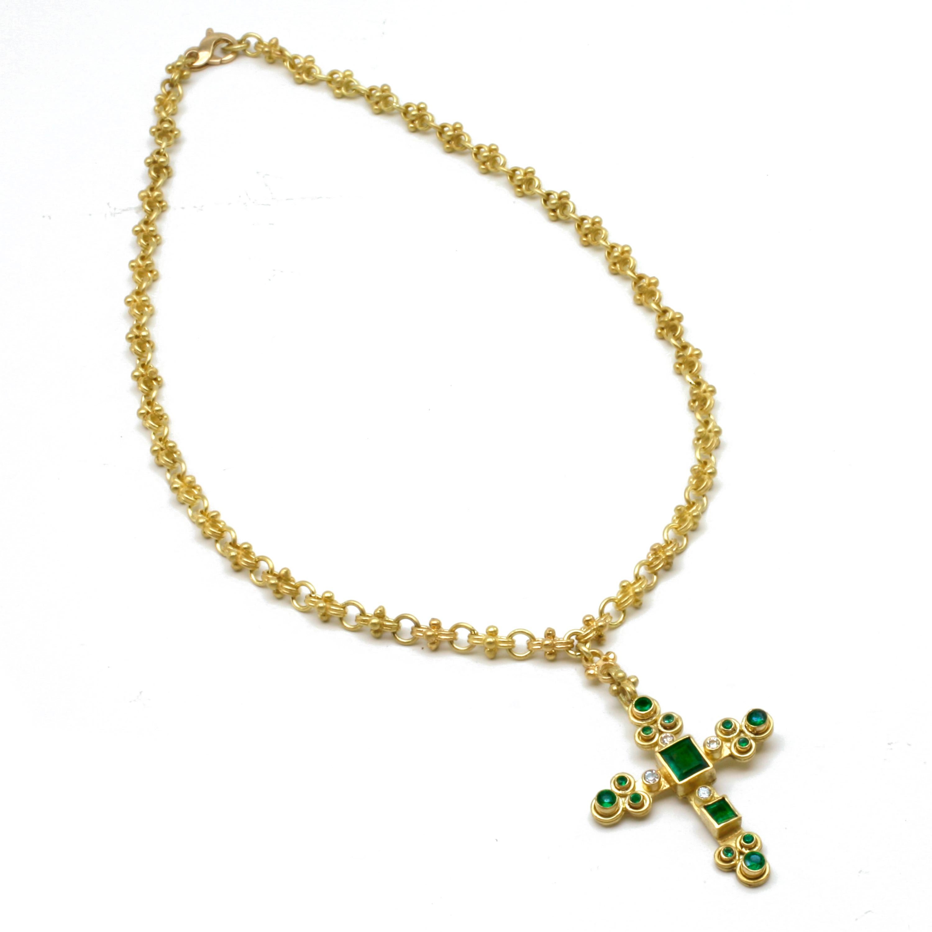 Artisan Emerald and Diamond Cross Pendant in 18k with handmade solid 18k Celtic Chain For Sale