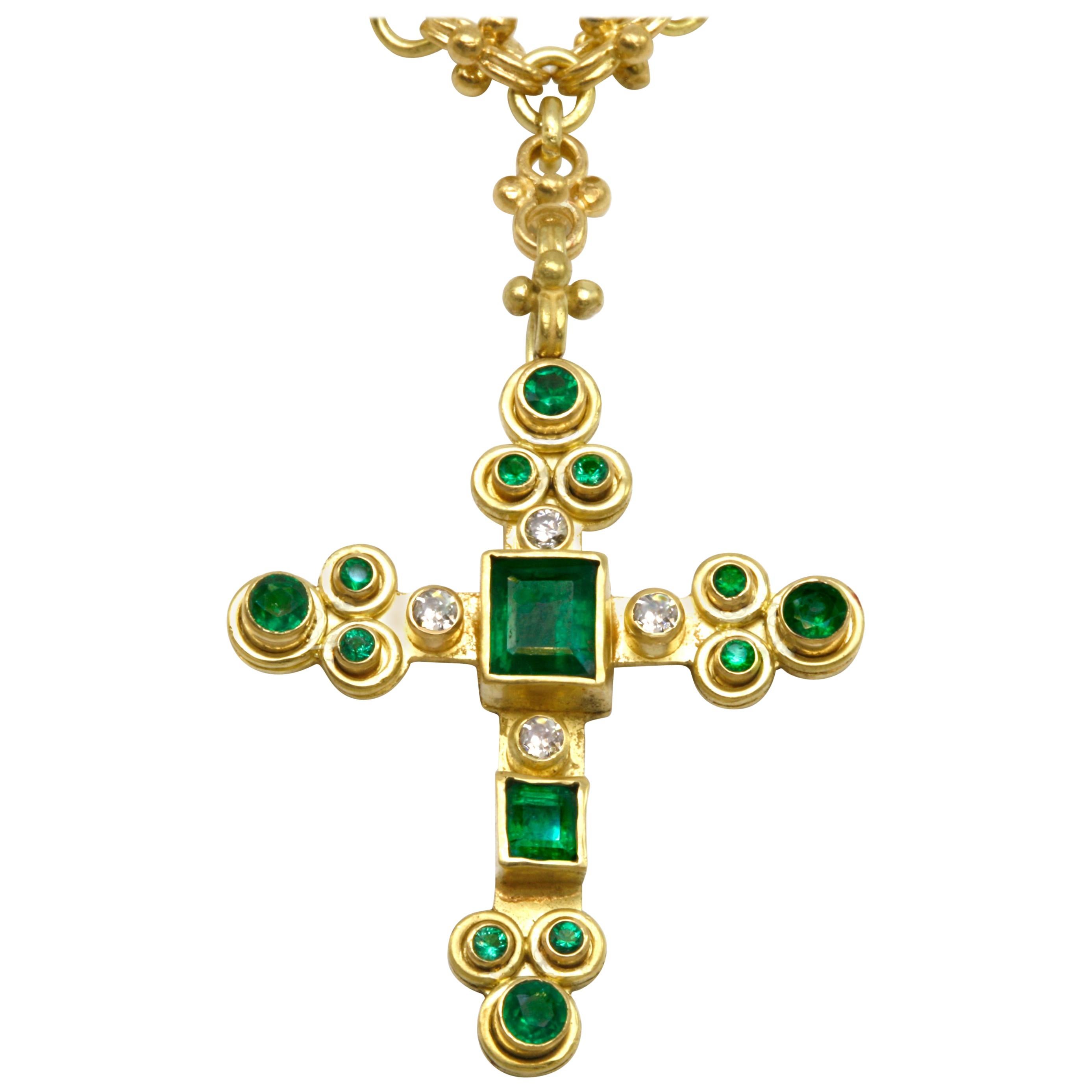 Emerald and Diamond Cross Pendant in 18k with handmade solid 18k Celtic Chain For Sale