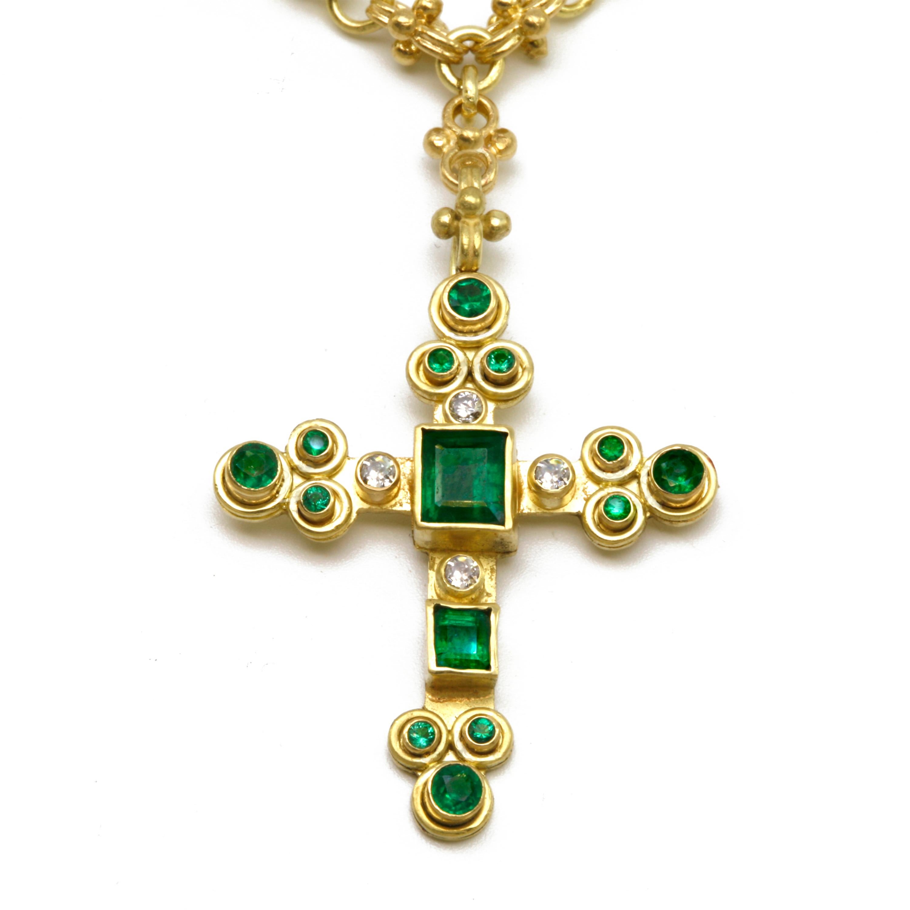 Emerald Cut Emerald and Diamond Cross Pendant in 18k with handmade solid 18k Celtic Chain For Sale