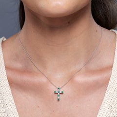 Emerald and Diamond Cross Pendant Necklace in 14K Solid Gold