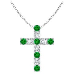 Emerald and Diamond Cross Pendant Necklace in 14K Solid Gold