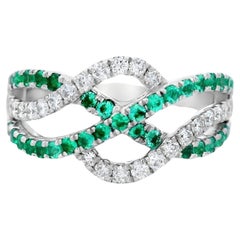 Emerald and Diamond Crossover Band Ring 0.72ct in 14K White Gold Size 7