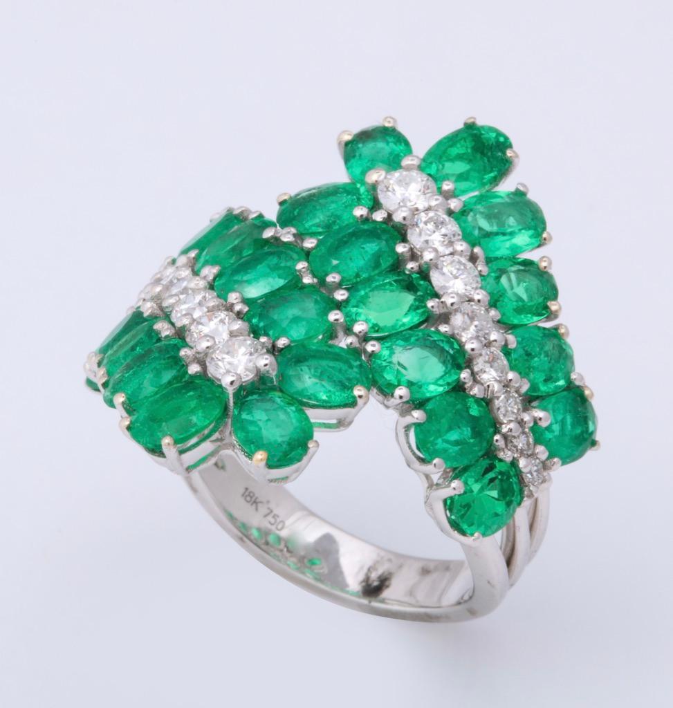 Women's or Men's Emerald and Diamond Crossover Band Ring
