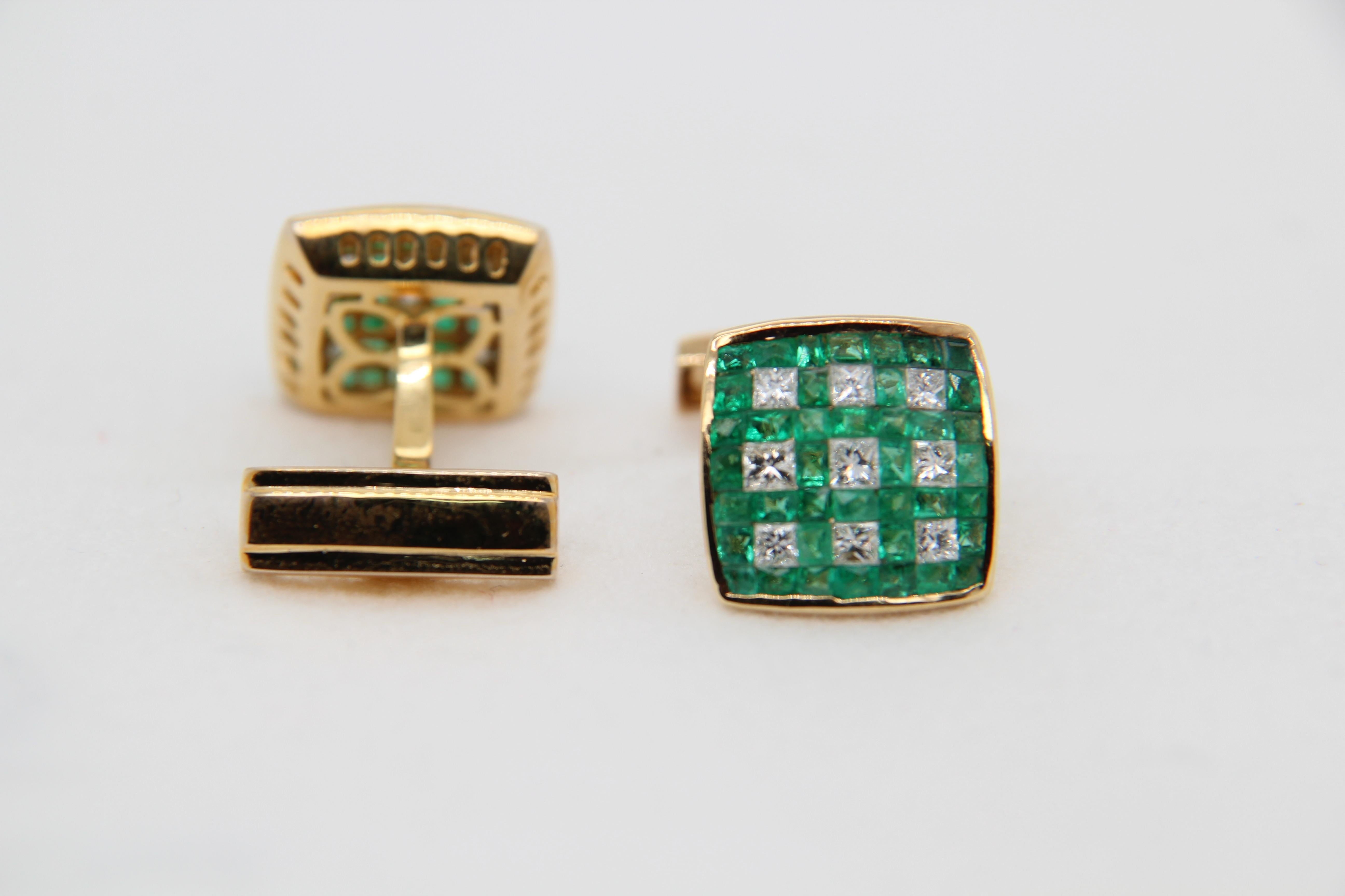 A brand new handcrafted emerald and diamond cufflinks. The total emerald weight is 4.36 carats, diamond weight is 1.56 carats and gross weight is 10.14 grams. This is the large size, there is also another smaller size available. The cufflinks height