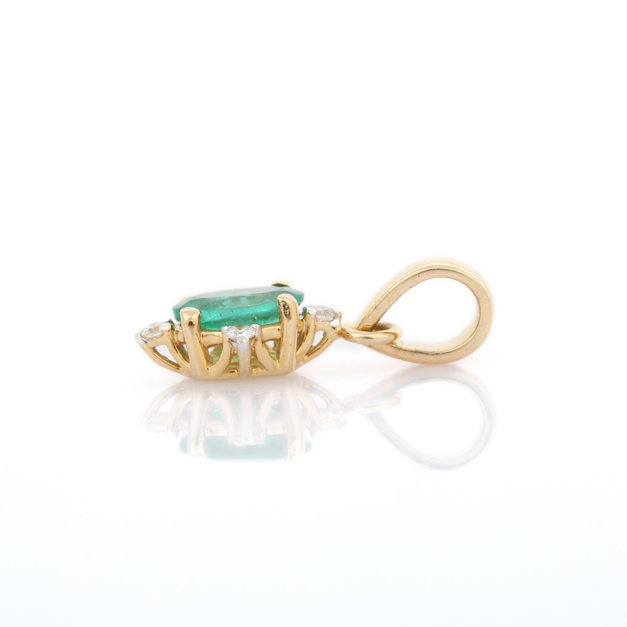 Natural Emerald pendant in 14K Gold. It has a oval cut emerald studded with diamonds that completes your look with a decent touch. Pendants are used to wear or gifted to represent love and promises. It's an attractive jewelry piece that goes with