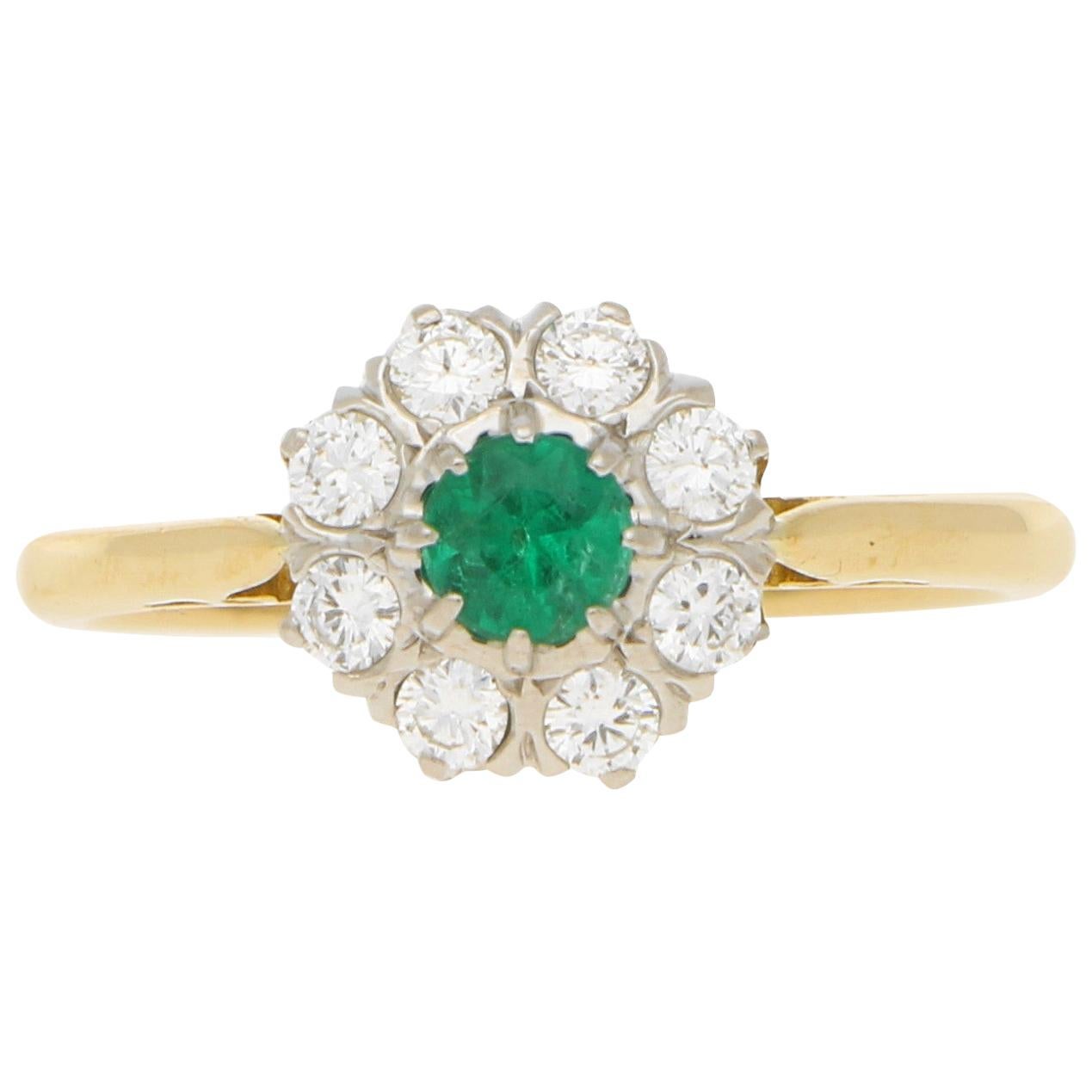 Emerald and Diamond Daisy Cluster Engagement Ring Set in 18 Karat Yellow Gold