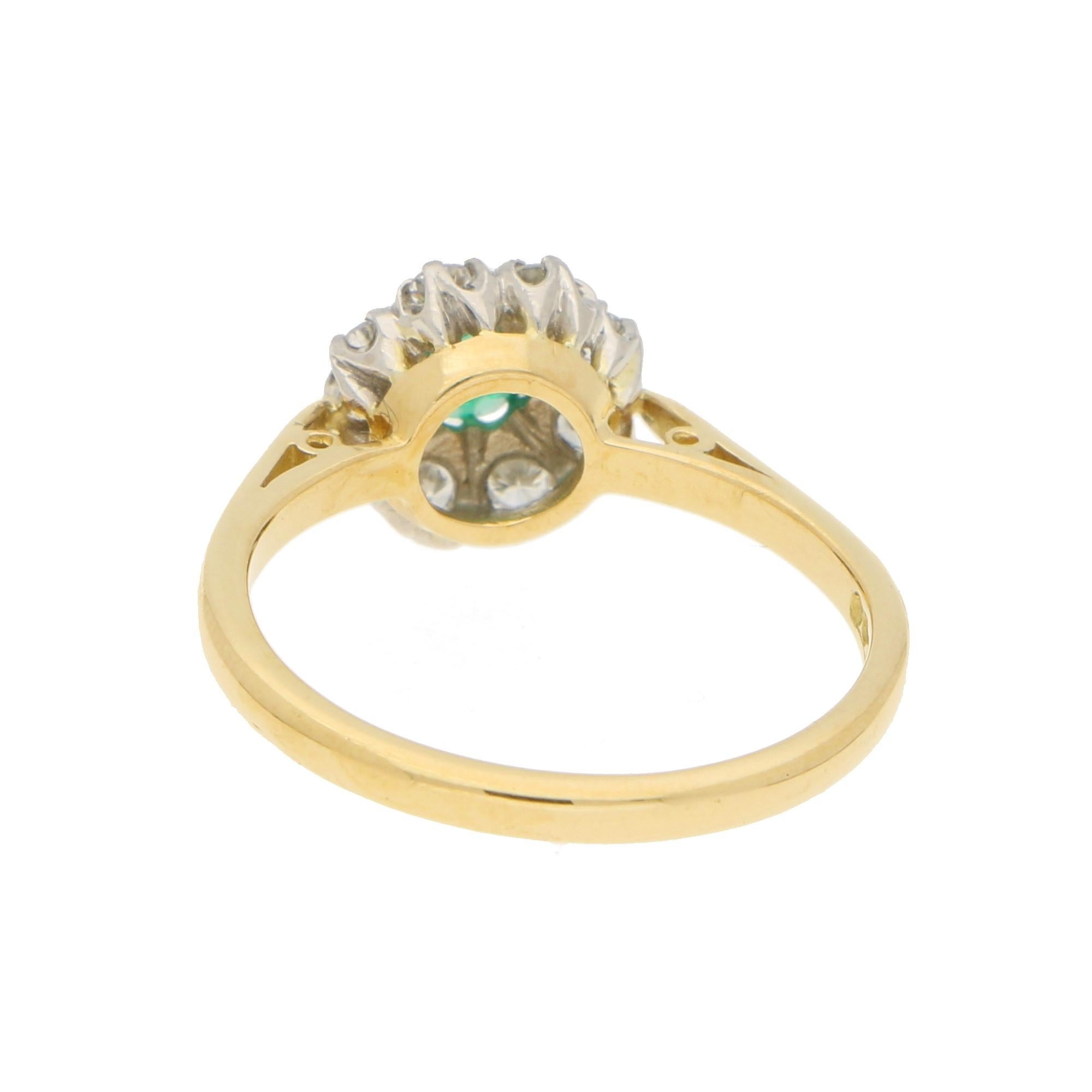 Retro Emerald and Diamond Daisy Cluster Engagement Ring Set in 18 Karat Yellow Gold