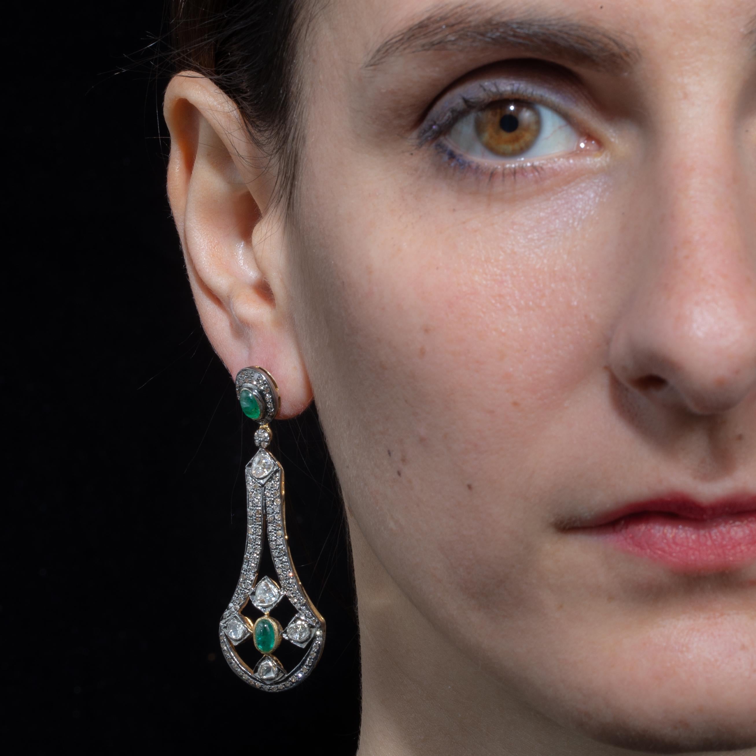 Rose Cut Emerald and Diamond Dangle Chandelier Earrings