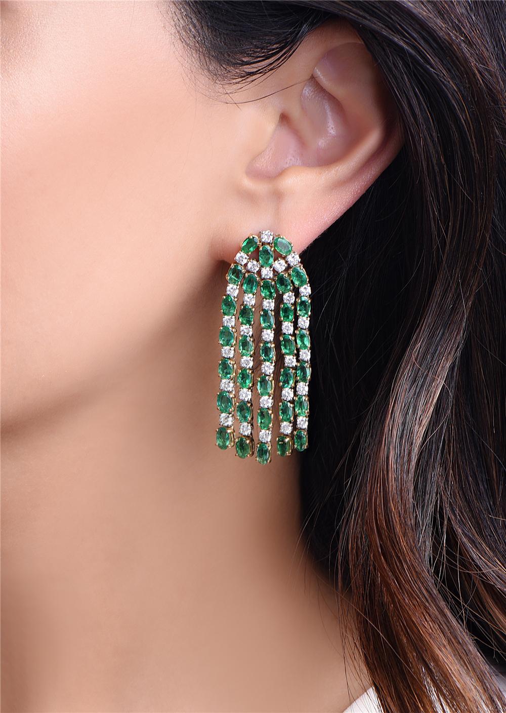 Round Cut Emerald and Diamond Dangle Chandelier Earrings Set in Yellow and White Gold