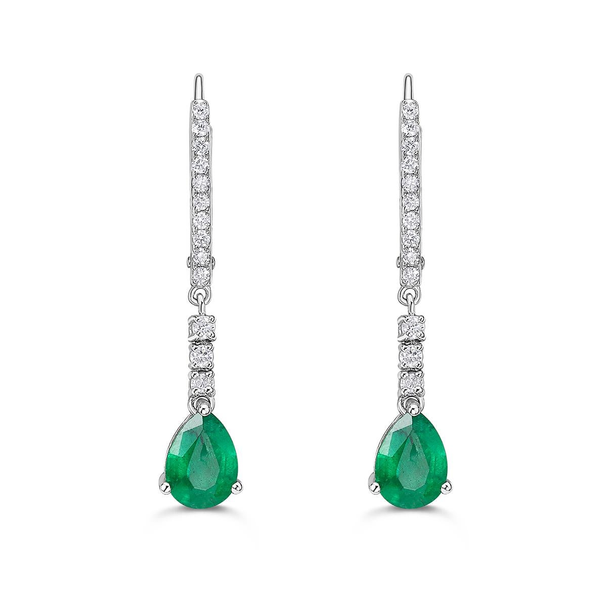 Add a pop of color to your everyday wardrobe with this emerald and diamond earrings featuring a beautiful emerald pear center stone and accent round diamonds. Available in two center stone sizes, 7x5 and 5x3.

14K White Gold Emerald and Diamond