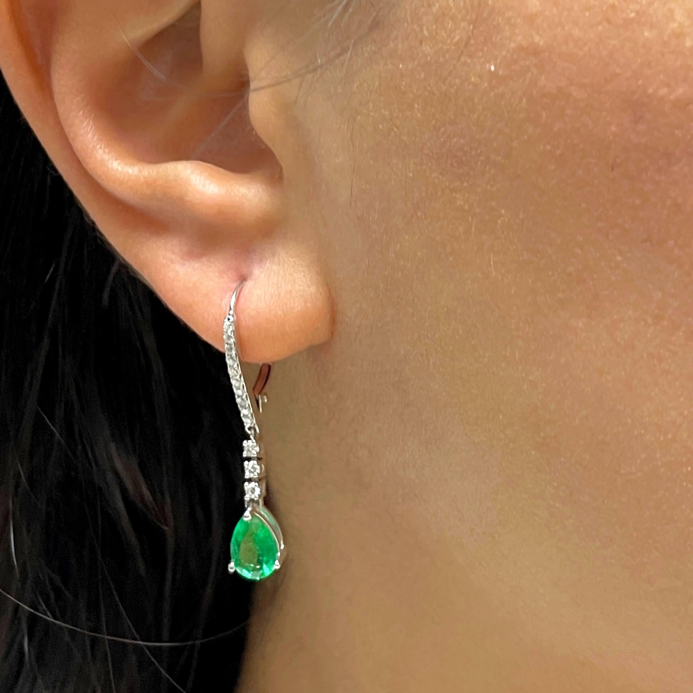 Pear Cut Emerald and Diamond Dangle Earrings 7x5 Pear Shape Emeralds  For Sale