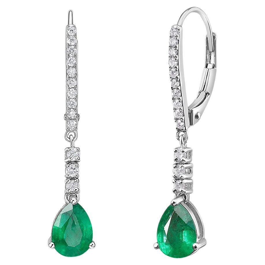 Emerald and Diamond Dangle Earrings 7x5 Pear Shape Emeralds  For Sale