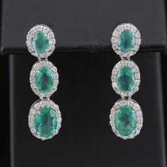 Emerald and Diamond Dangle Earrings, Huggie Hoop Earrings with Drop Emerald