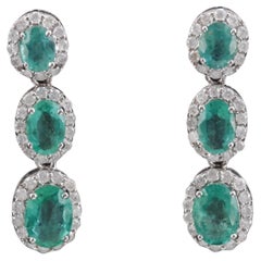 Emerald and Diamond Dangle Earrings, Huggie Hoop Earrings with Drop Emerald