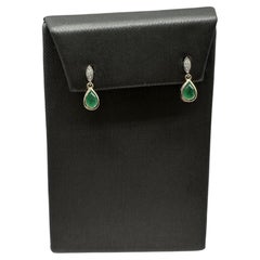 Emerald and Diamond Dangle Earrings in 10kt Yellow Gold 6 by 4mm Pear New
