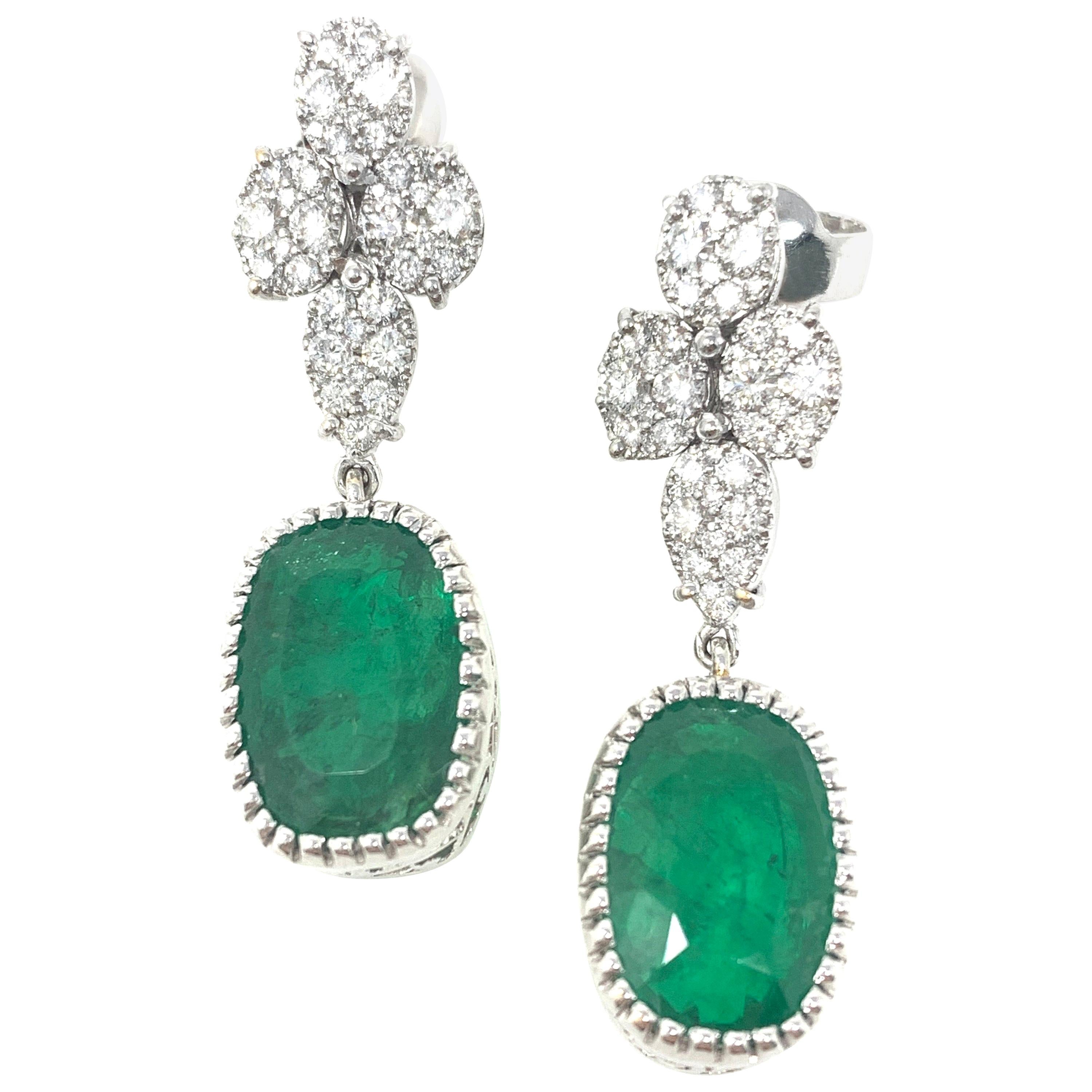 Emerald and Diamond Dangle Earrings in 18 Karat White Gold