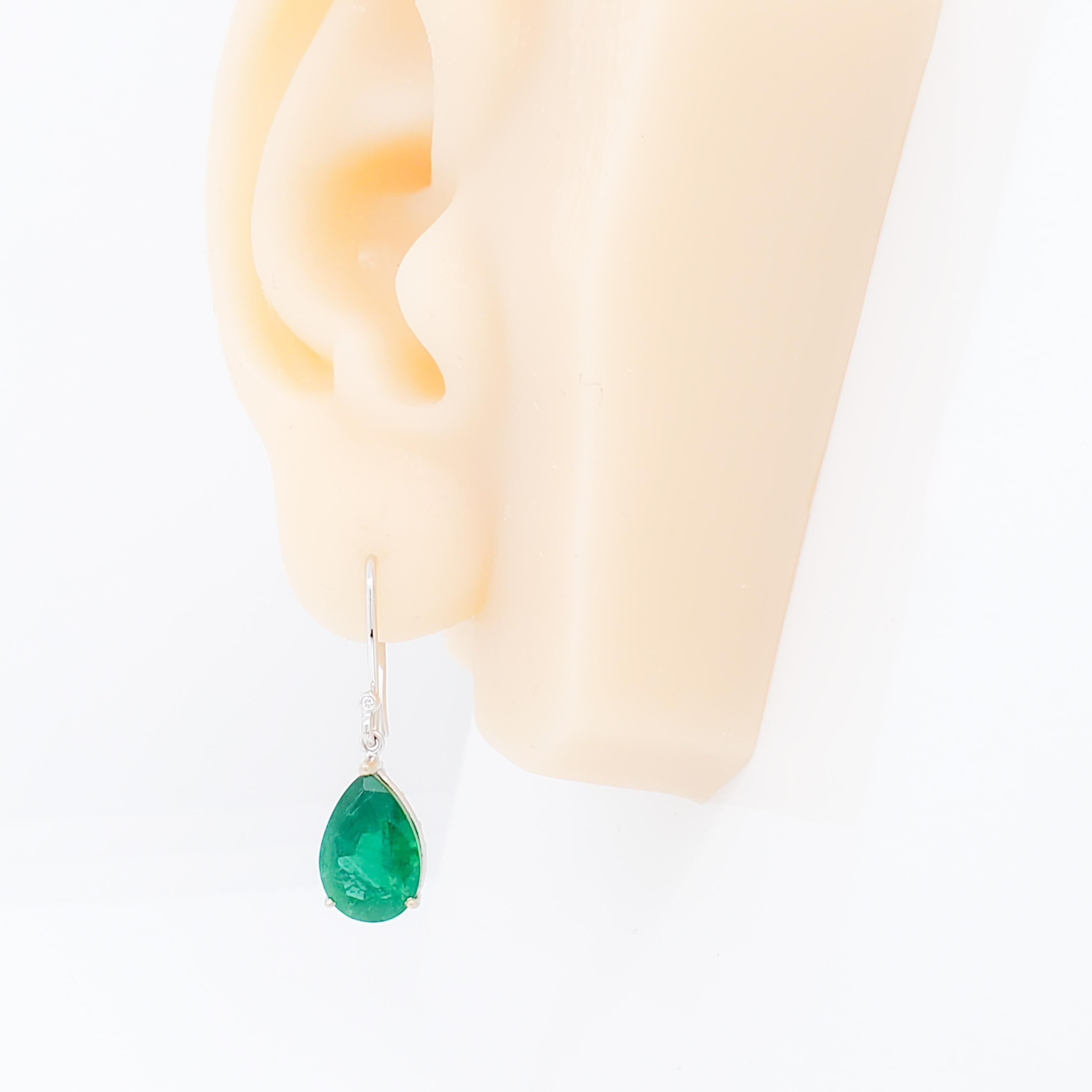 Pear Cut Emerald and Diamond Dangle Earrings in 18k Two Tone Gold For Sale