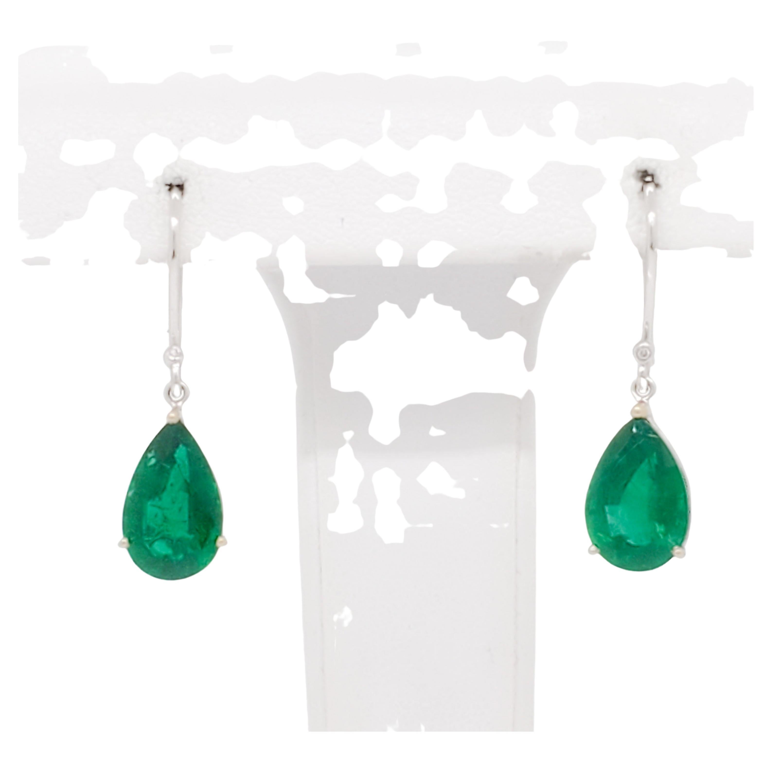 Emerald and Diamond Dangle Earrings in 18k Two Tone Gold For Sale