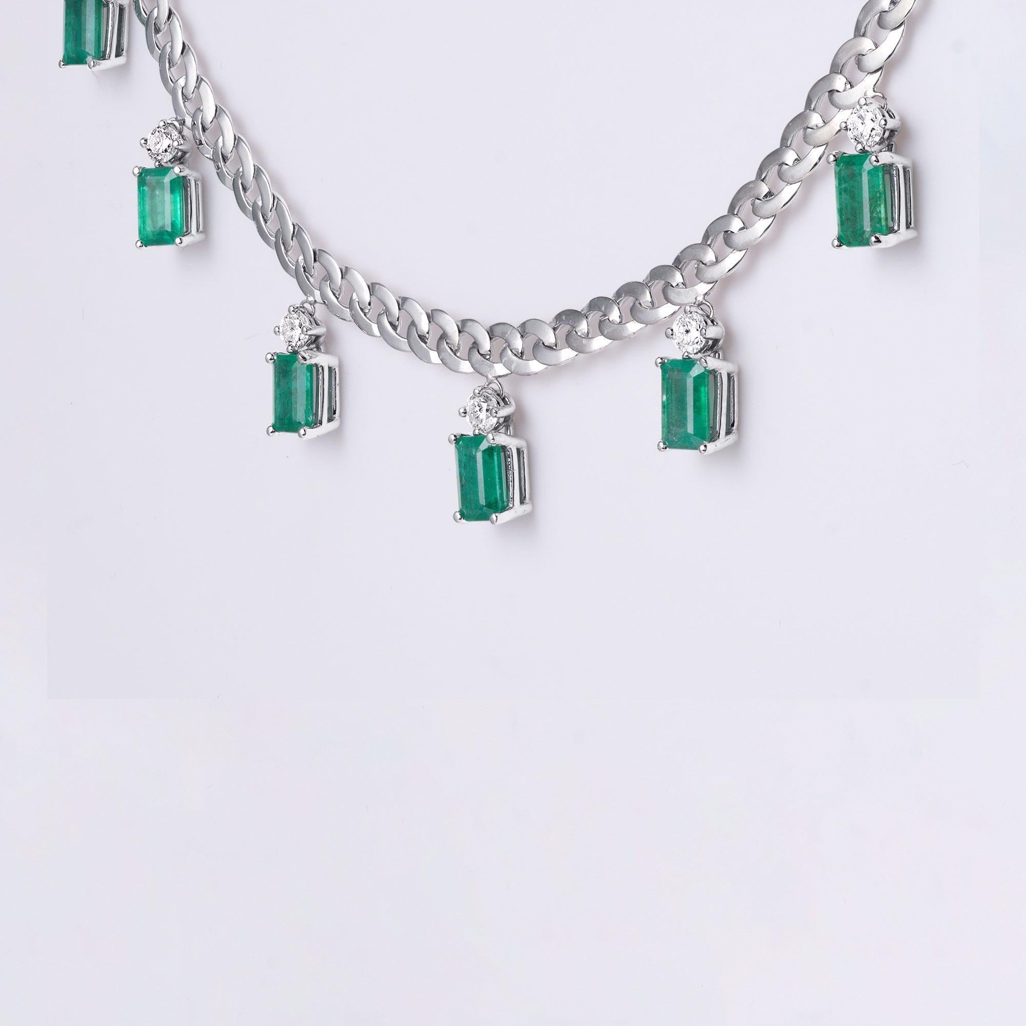 Women's Emerald and Diamond Dangle Necklace on 18k White Gold Cuban Link Chain For Sale