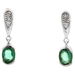 Emerald and Diamond Dangly Drop Earrings 14k White Gold