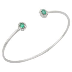 Emerald and Diamond Designer Sleek Cuff Bracelet in 18K Solid White Gold