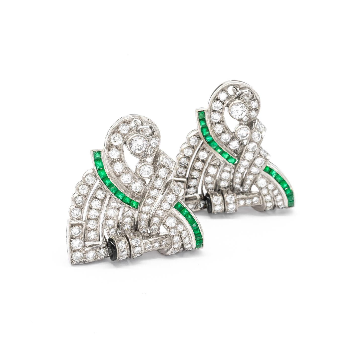 Art Deco Emerald and Diamond Platinum Double Clip